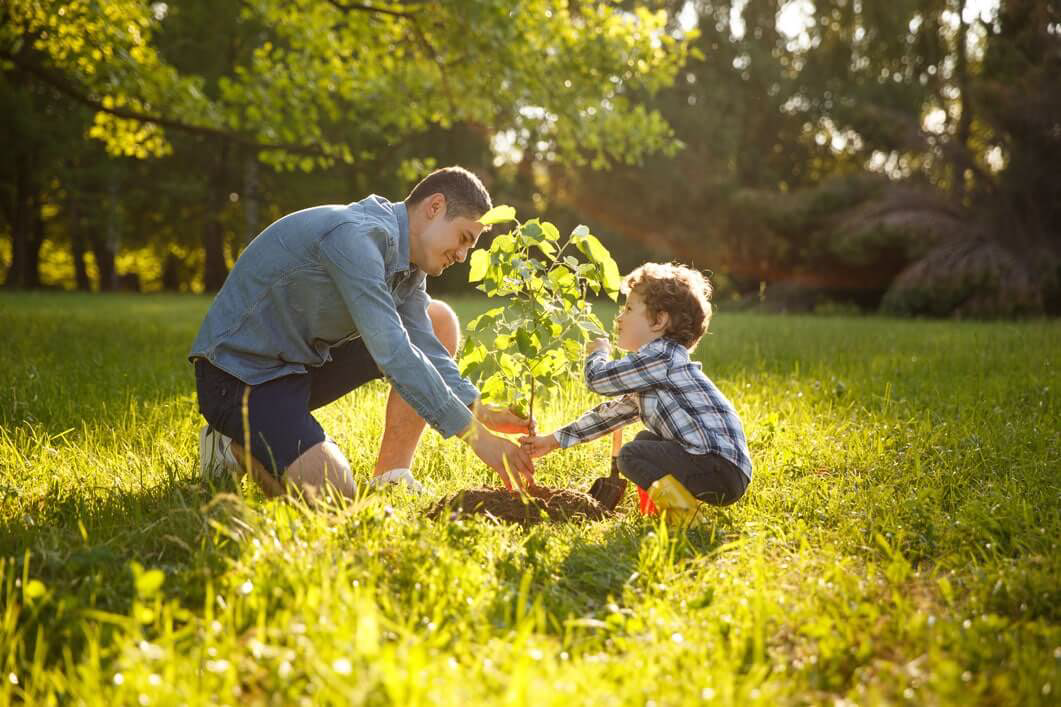 un père et son fils plantant un arbre en souriant